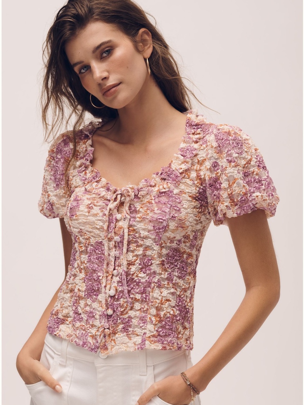 Anthropologie Sheer Lace Puff Sleeve Top